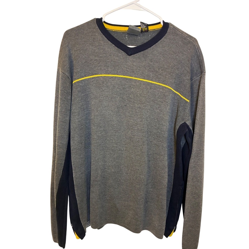 Vintage Quiksilver V-Neck Sweater Mens Medium Grey Yellow Stripe Side Zips Med.